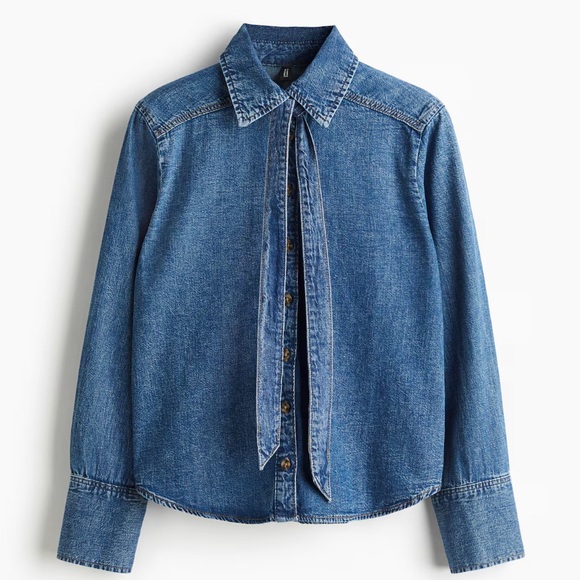 H&M Tops - Blue Denim Blouse with Tie.
